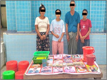မန္တလေးတိုင်းဒေသကြီး၊ မဟာအောင်မြေမြို့နယ်၌ ပုံဝိုင်းလောင်းကစားပြုလုပ်သူများအား ဖမ်းဆီးအရေးယူမှု မှတ်တမ်းဓာတ်ပုံ။