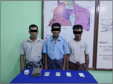 နေပြည်တော်ကောင်စီနယ်မြေ၊ ပျဉ်းမနားမြို့နယ်၌ ဖဲရိုက်လောင်းကစားပြုလုပ်သူ အမျိုးသား သုံးဦးအား ဖမ်းဆီးအရေးယူမှု မှတ်တမ်းဓာတ်ပုံ။
