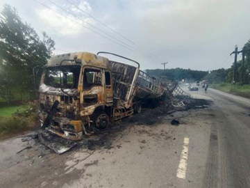 A truck burned and destroyed in an heavy weapon attack by a combined group  of pro-terrorism KNU members and so-called PDF terrorists  in Thaton Township of Mon State.