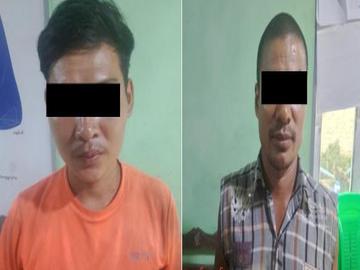 ပဲခူးတိုင်းဒေသကြီး၊ ပဲခူးမြို့နယ်၌ သစ်များ တရားမဝင် သယ်ဆောင်နေသူ အမျိုးသား နှစ်ဦးနှင့်  သက်သေခံပစ္စည်းများ၏ မှတ်တမ်းဓာတ်ပုံ။ 
