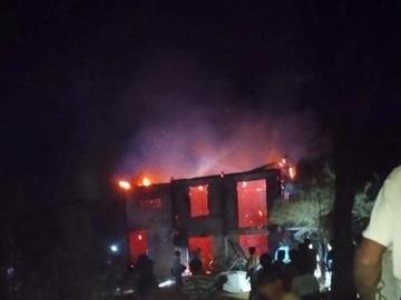 A house set on fire by so-called PDF terrorists in Pyawbwe Township of Mandalay Region.